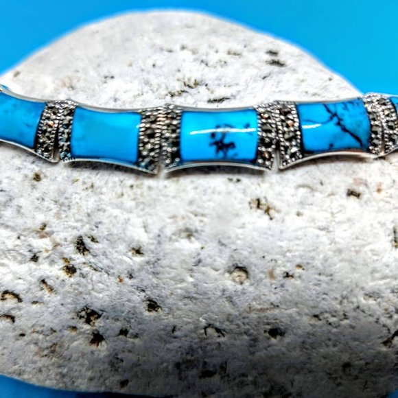 Stabilized Turquoise 11x7mm & Marcasite 925 Sterling Silver Bracelet 7" - Picture 8 of 11
